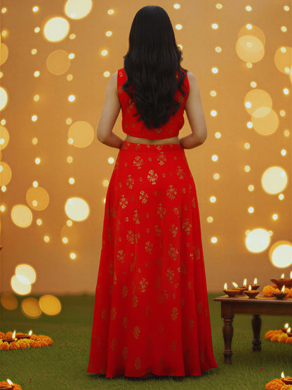 Red Sleeveless Printed Cord Set for Women , Festive & Party Wear Indo-Western Co-ord Outfit