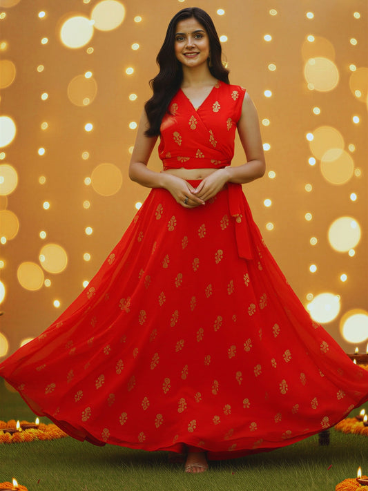 Stylish Red Printed Cord Set for Women , Festive & Party Wear Indo-Western Co-ord Outfit