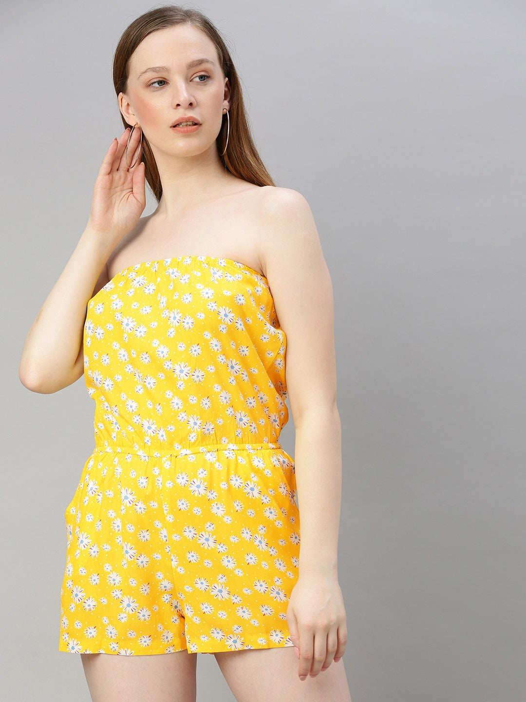 Yellow & White Printed Off Shoulder Playsuit