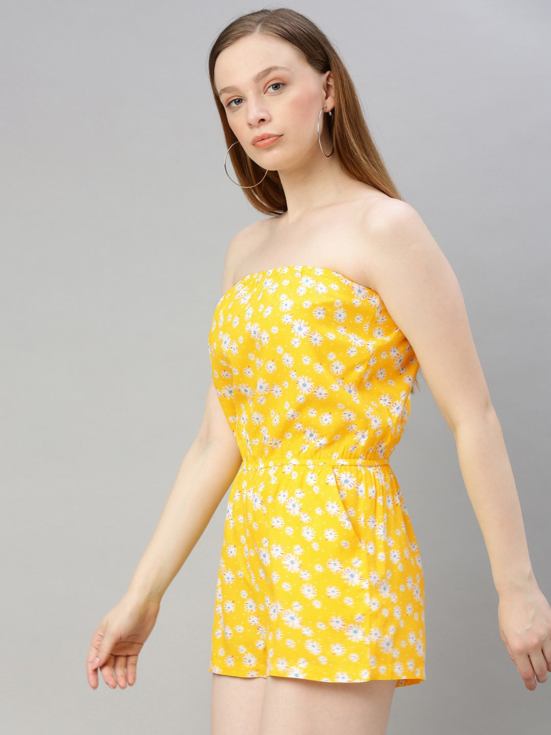 Yellow & White Printed Off Shoulder Playsuit