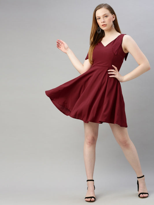 Burgundy Solid Fit and Flare Dress