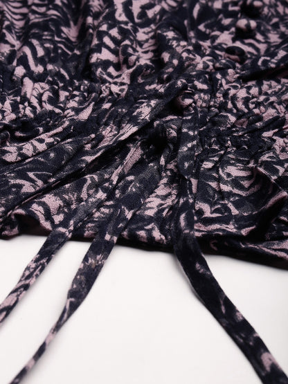 Black & Pink Printed Cinched Waist Top