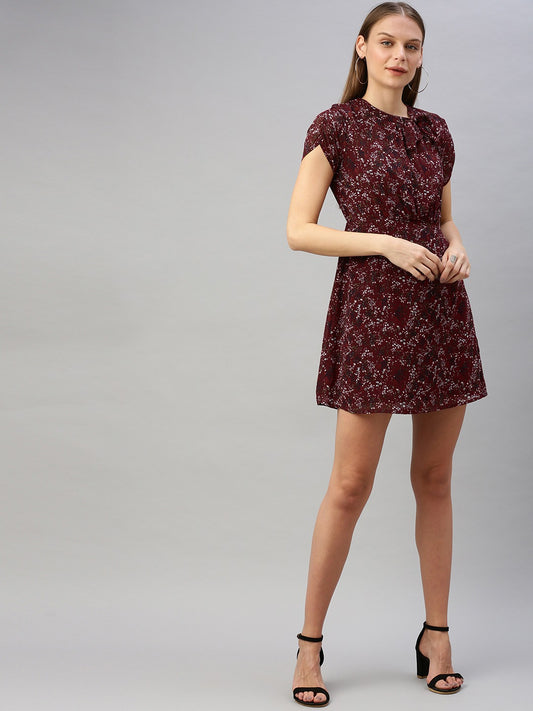 Burgundy & White Ditsy Floral Printed A-Line Dress
