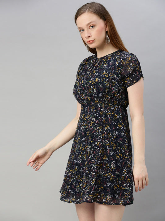 Navy Blue & Mustard Yellow Floral Printed Fit and Flare Dress