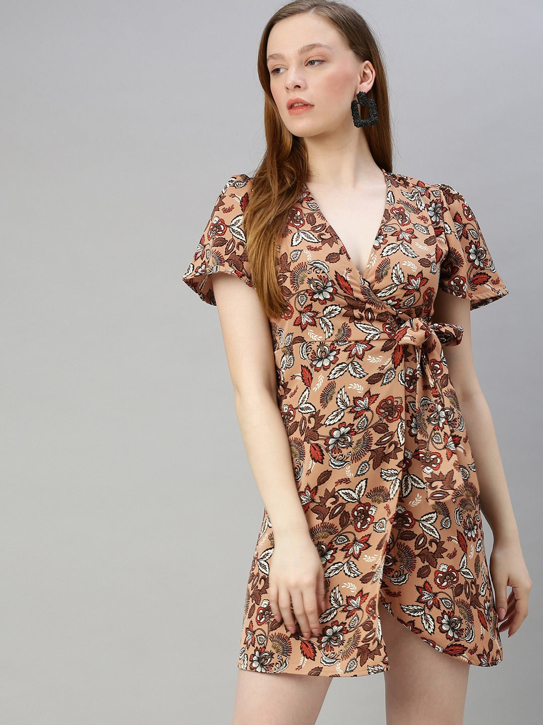 Beige & Black Printed Wrap Dress With Waist Tie-ups