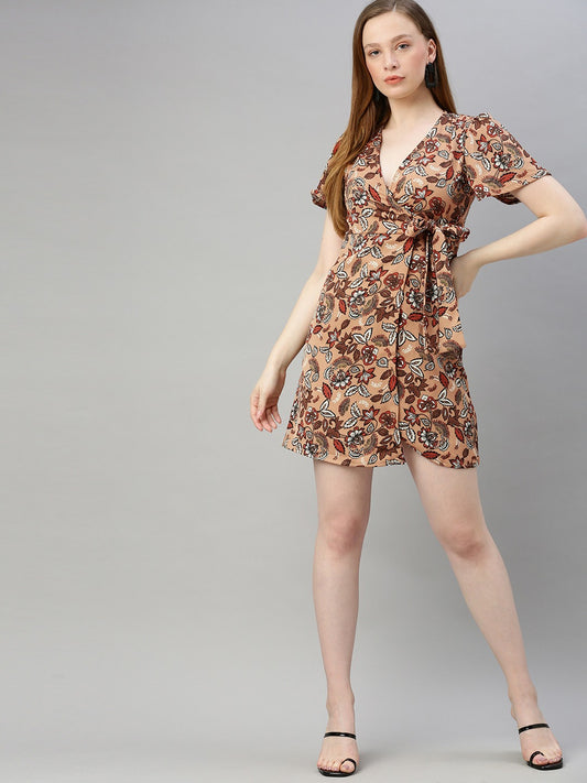 Beige & Black Printed Wrap Dress With Waist Tie-ups