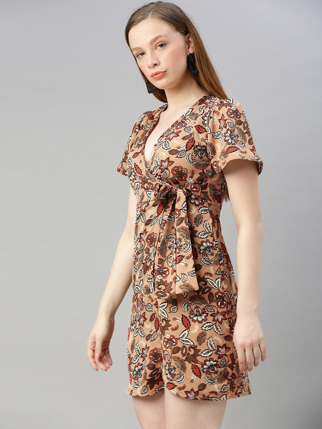 Beige & Black Printed Wrap Dress With Waist Tie-ups