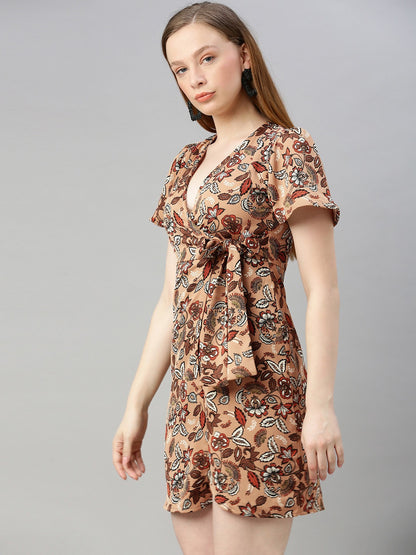Beige & Black Printed Wrap Dress With Waist Tie-ups