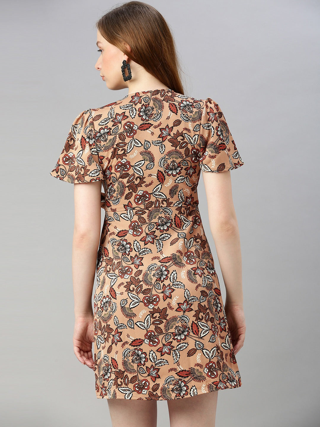 Beige & Black Printed Wrap Dress With Waist Tie-ups
