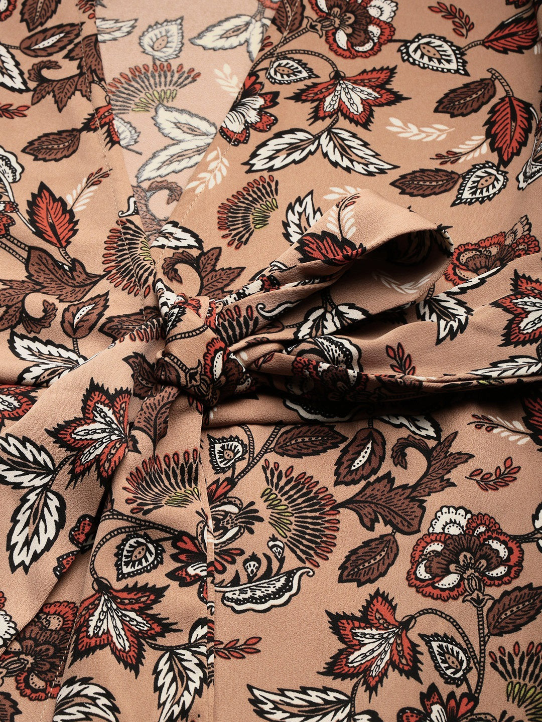 Beige & Black Printed Wrap Dress With Waist Tie-ups