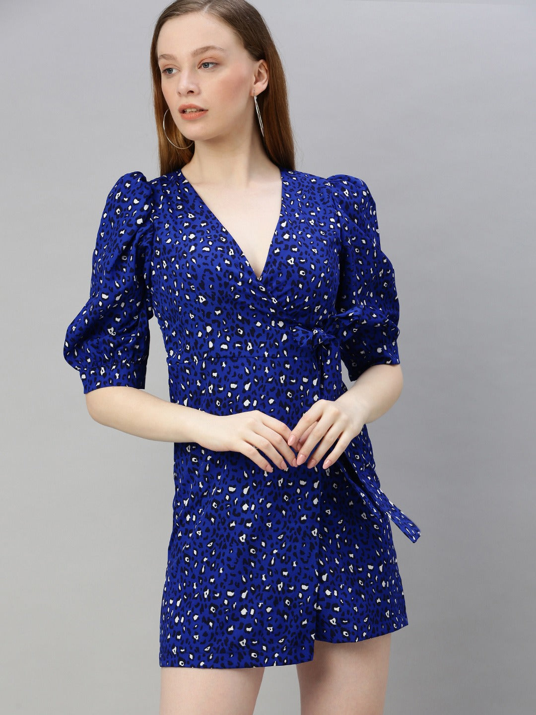 Blue & Black Animal Printed Wrap Dress With Waist Tie-Ups