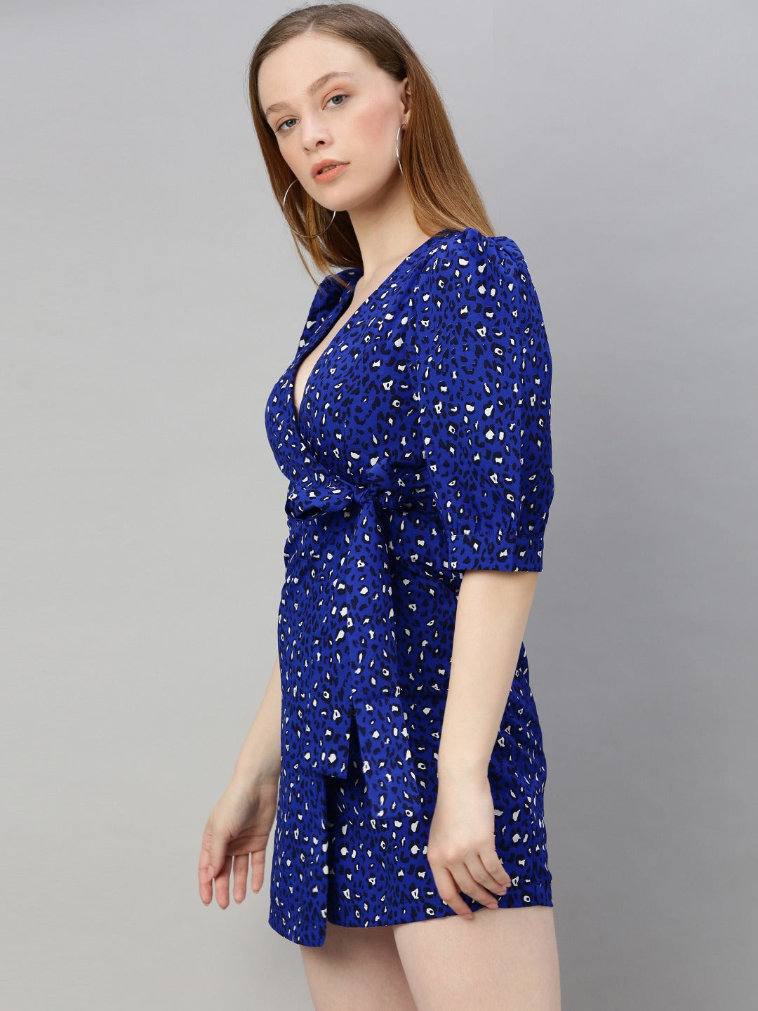 Blue & Black Animal Printed Wrap Dress With Waist Tie-Ups