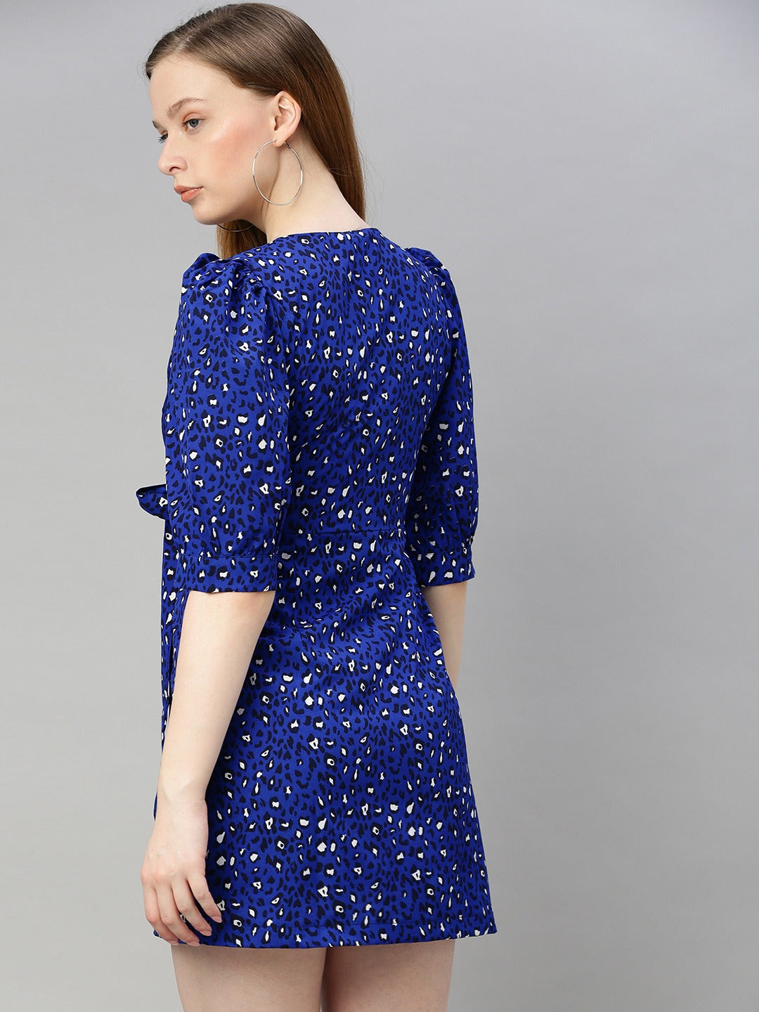 Blue & Black Animal Printed Wrap Dress With Waist Tie-Ups