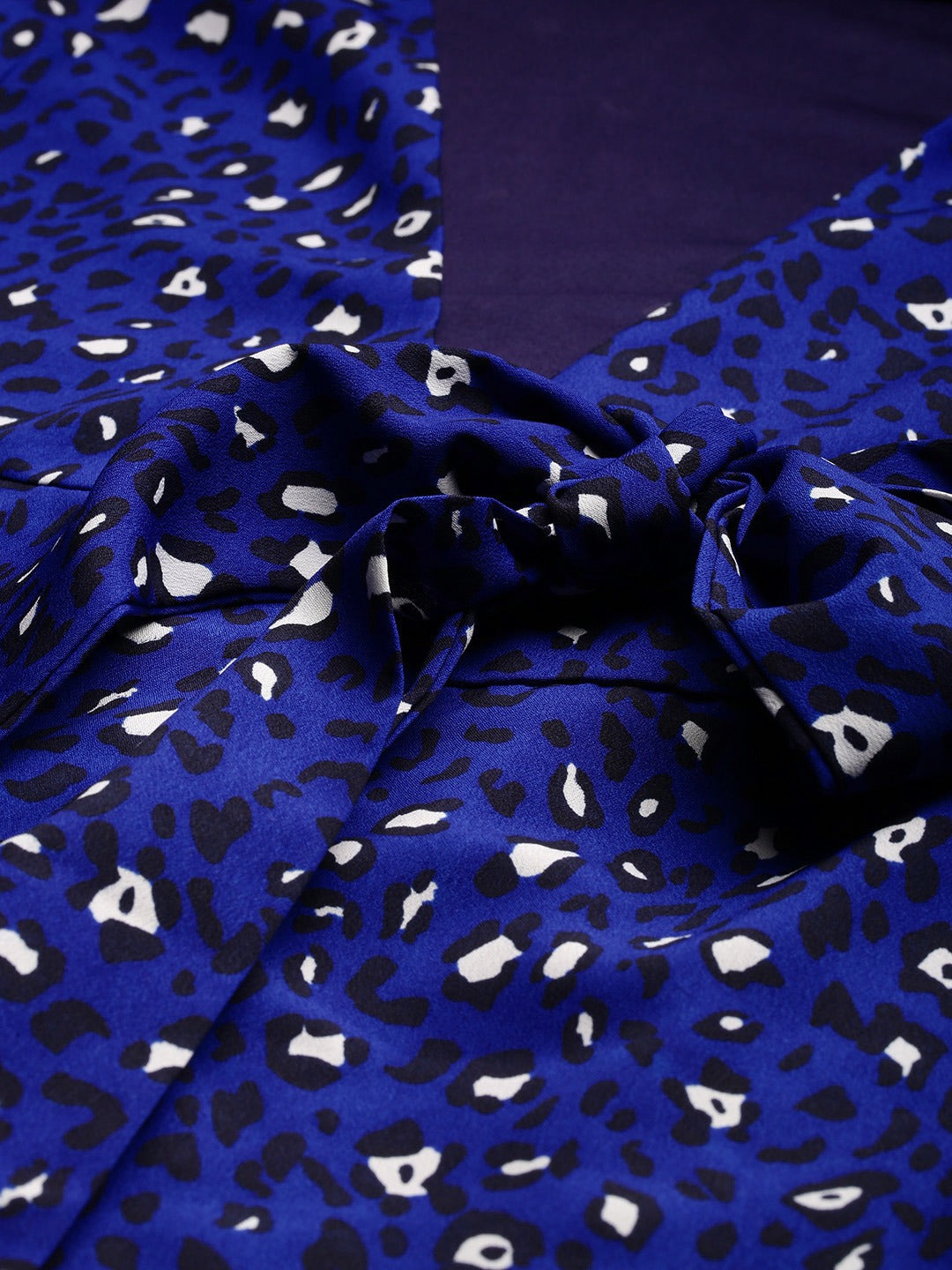 Blue & Black Animal Printed Wrap Dress With Waist Tie-Ups