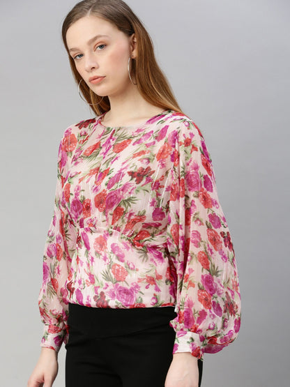 White Floral Printed Bishop Sleeved Blouson Top