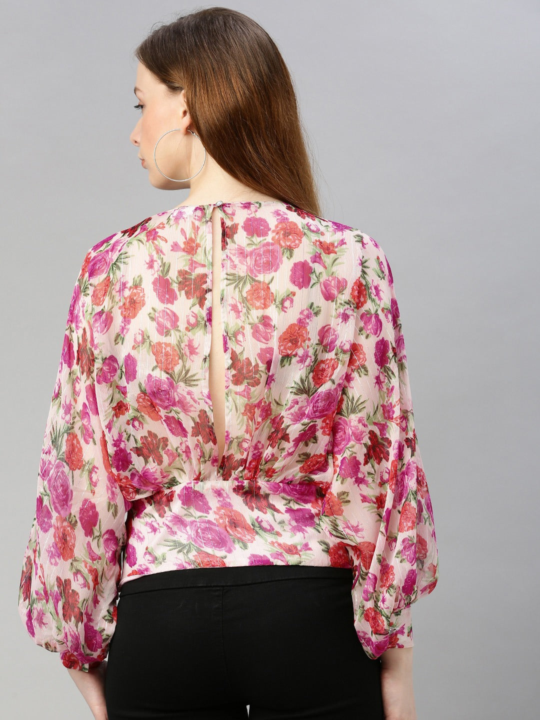 White Floral Printed Bishop Sleeved Blouson Top