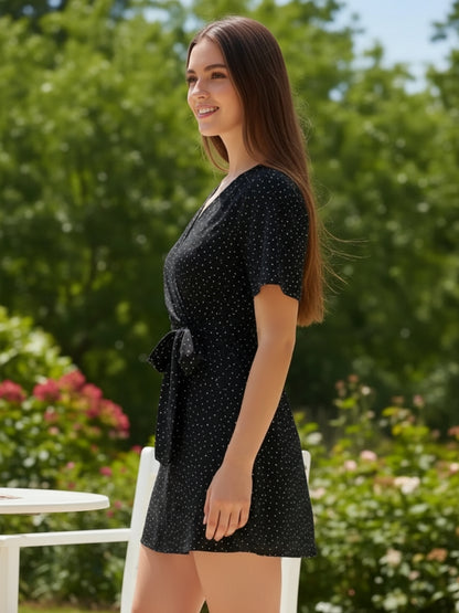 Black Polka Dot V-Neck Wrap Short Sleeves Mini Dress
