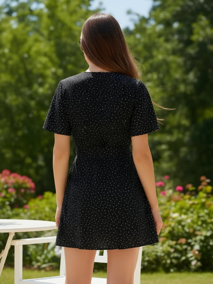 Black Polka Dot V-Neck Wrap Short Sleeves Mini Dress