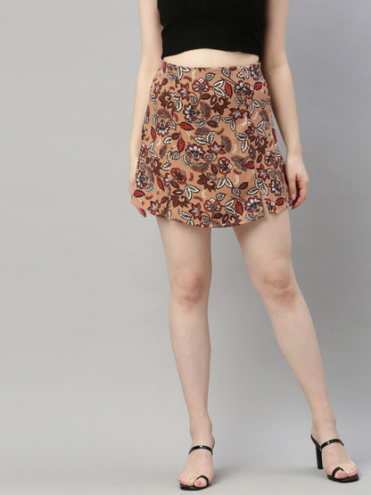 Beige & Maroon Floral Printed Flared Mini Skirt