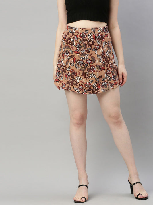 Beige & Maroon Floral Printed Flared Mini Skirt