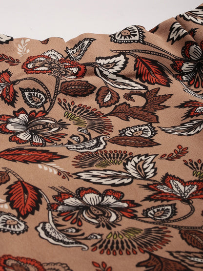 Beige & Maroon Floral Printed Flared Mini Skirt