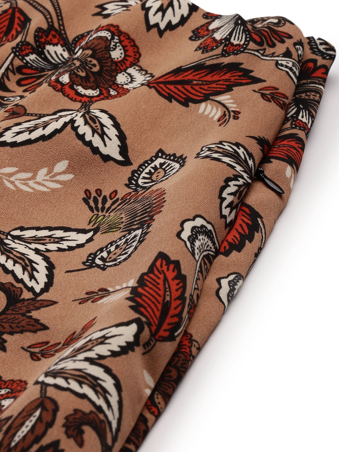 Beige & Maroon Floral Printed Flared Mini Skirt