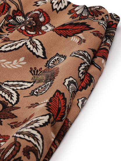 Beige & Maroon Floral Printed Flared Mini Skirt
