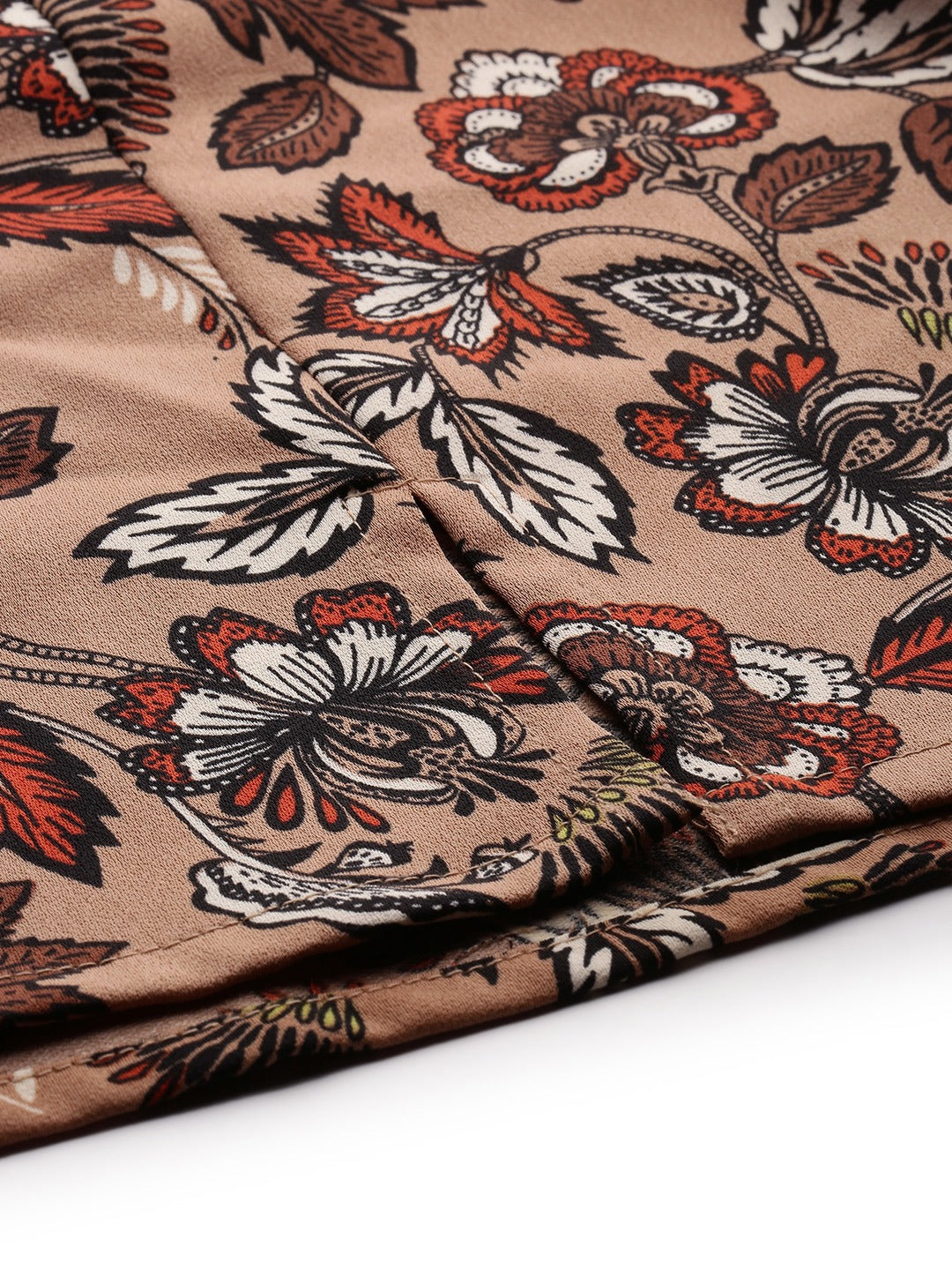 Beige & Maroon Floral Printed Flared Mini Skirt