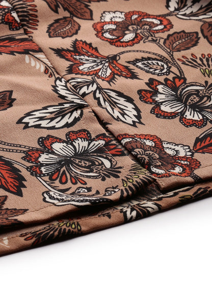 Beige & Maroon Floral Printed Flared Mini Skirt