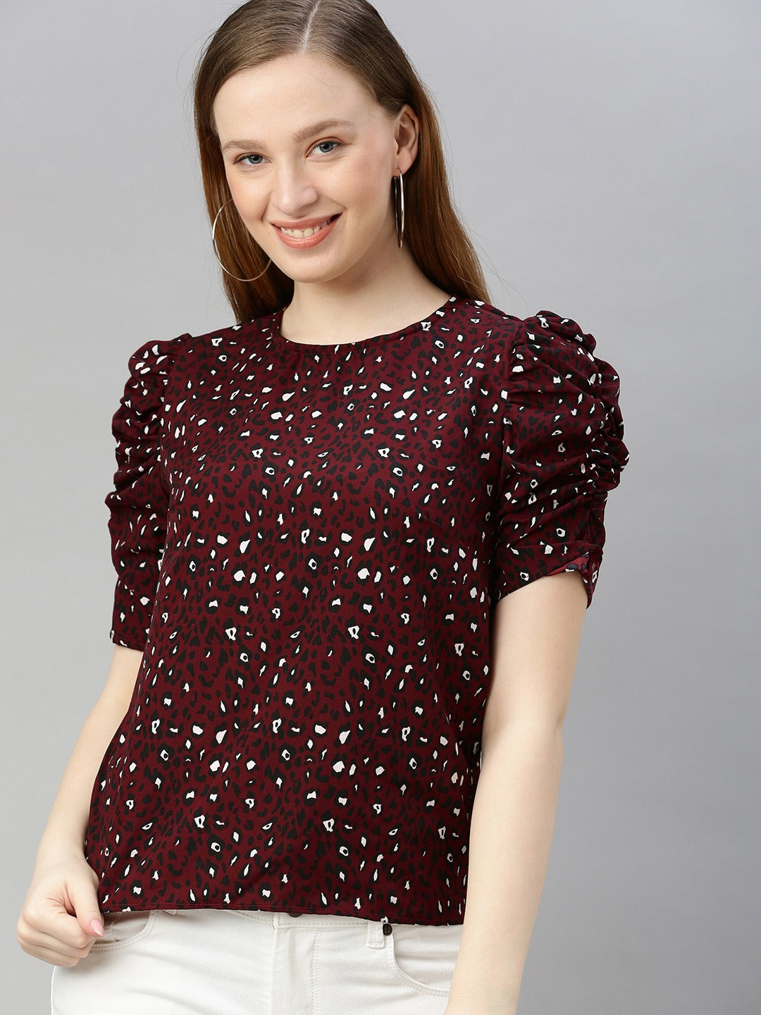 Burgundy & White Printed Ruched Sleeve Top