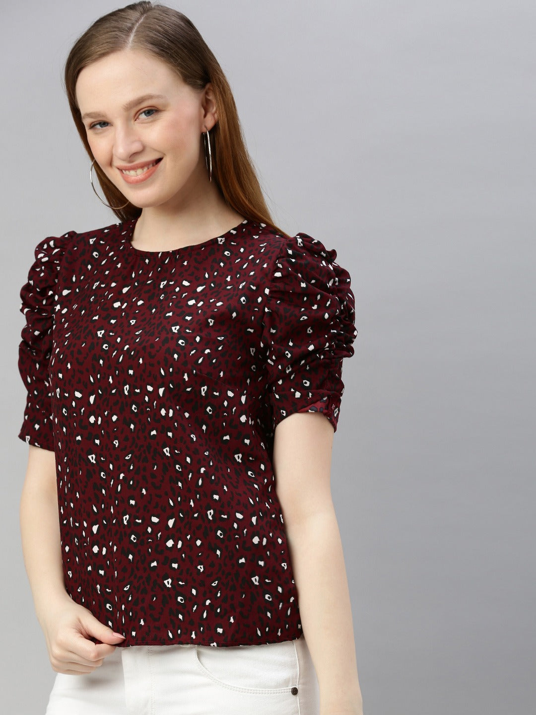Burgundy & White Printed Ruched Sleeve Top