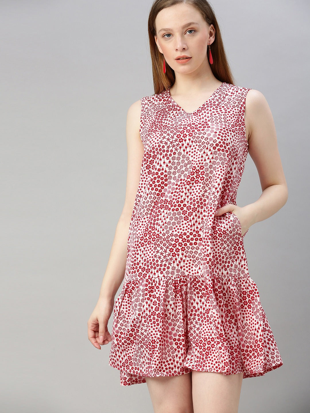 White & Red Printed A-Line Dress