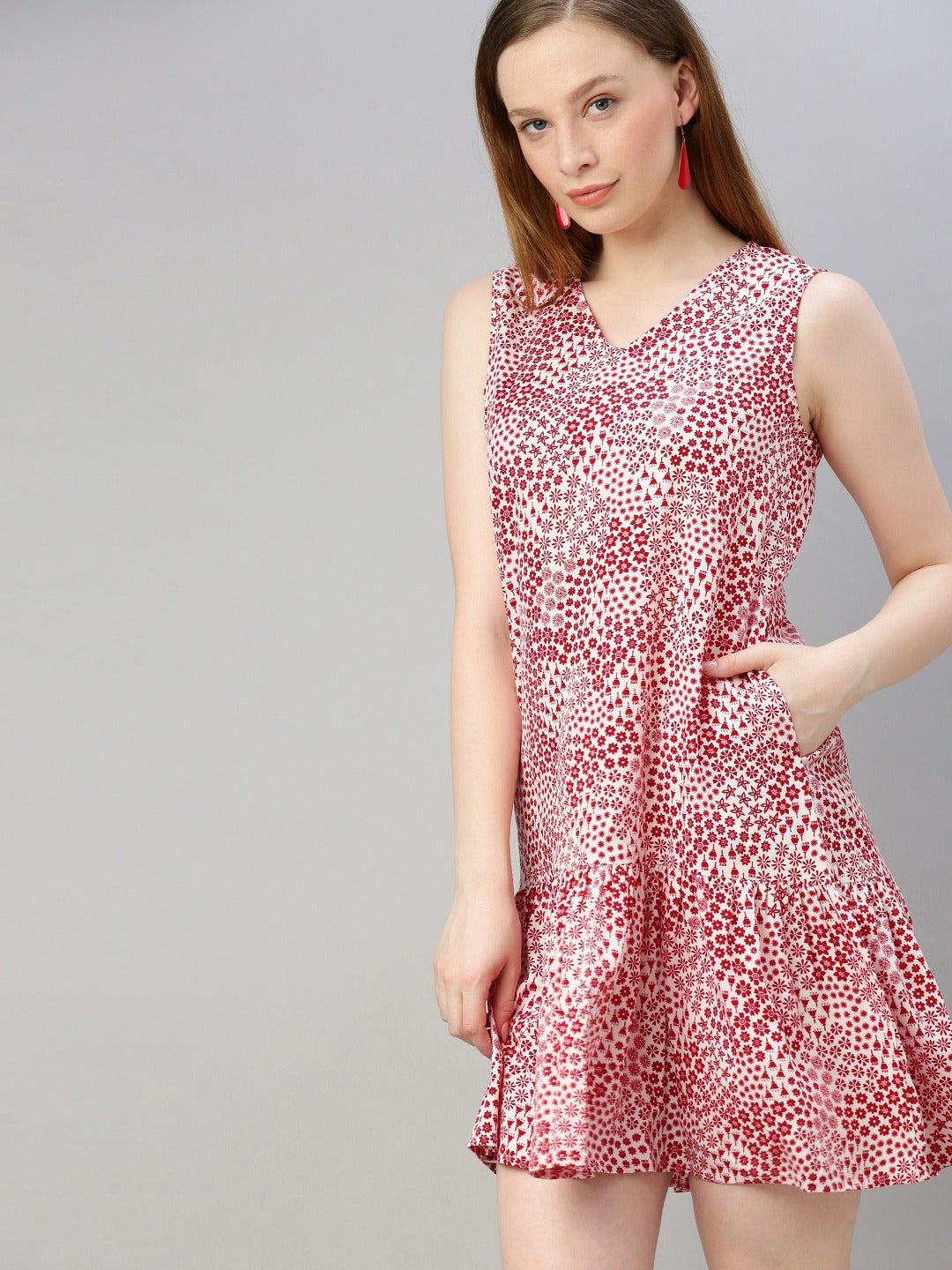 White & Red Printed A-Line Dress