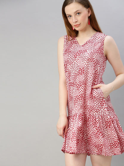 White & Red Printed A-Line Dress