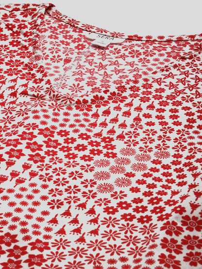 White & Red Printed A-Line Dress