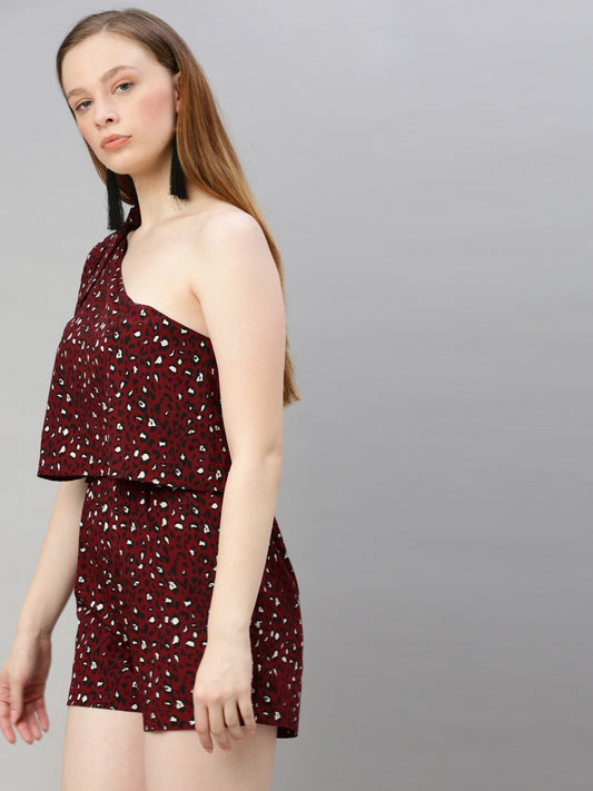 Burgundy & White Printed Playsuit with One Shoulder Side Knot