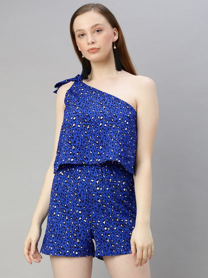 Blue & White Printed Playsuit with One shoulder Side Knot