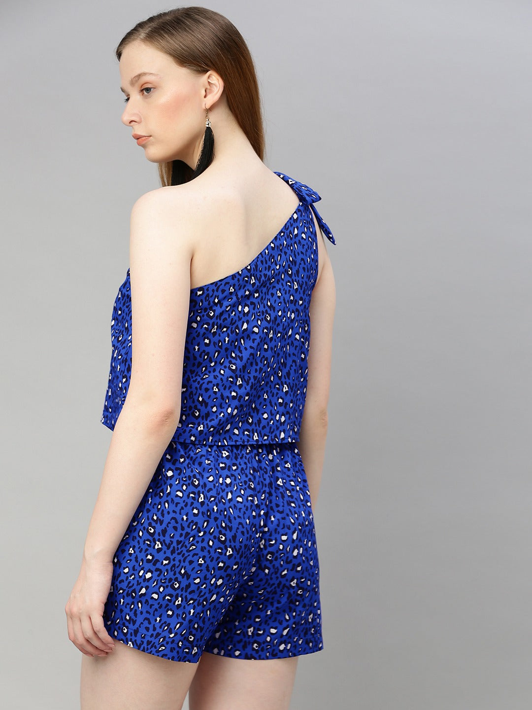 Blue & White Printed Playsuit with One shoulder Side Knot