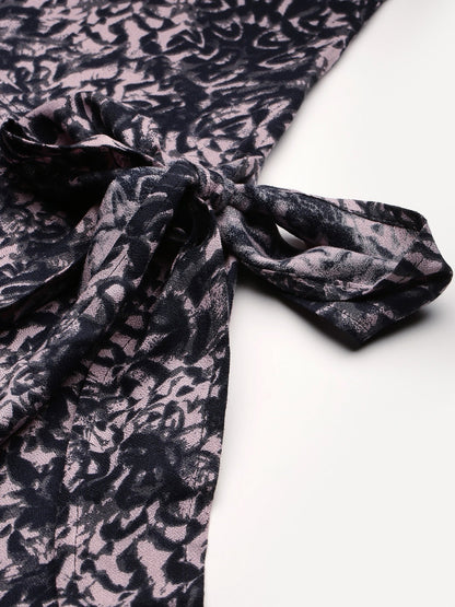 Black & Pink Printed Wrap Dress With Waist Tie-ups