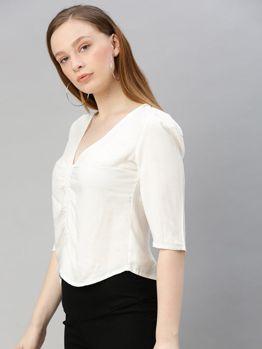 White Solid Front Ruched Top