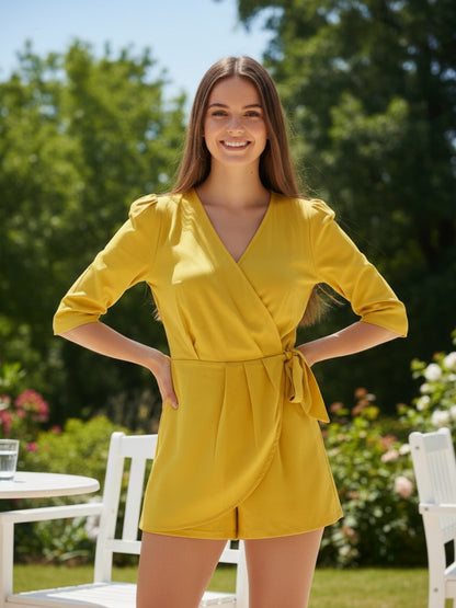 Sera Women Yellow Printed Waist Tie-Ups V-Neck Playsuit Jumpsuit