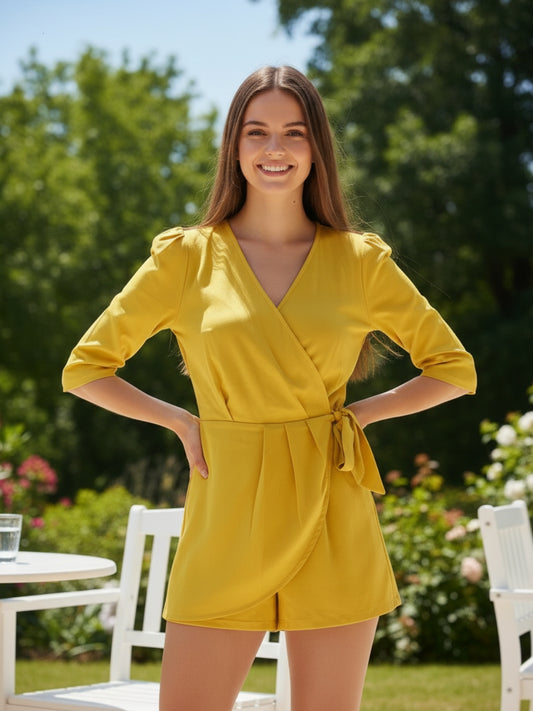 Sera Women Yellow Printed Waist Tie-Ups V-Neck Playsuit Jumpsuit