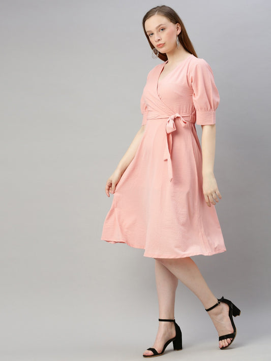 Pink Solid Wrap Dress with Waist Tie-Up