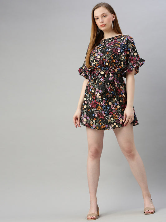 Multicoloured Floral Printed Waist Tie-Up Fit and Flare Dress
