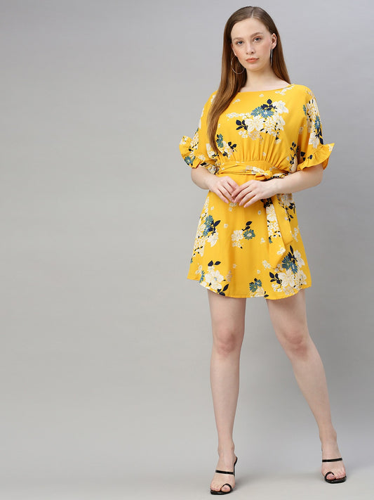 Yellow Floral Printed Side Knot Fit and Flare Dress