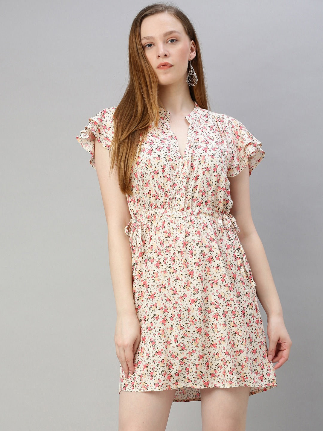 Off-White & Pink Printed Fit and Flare Dress with Flutter Sleeves