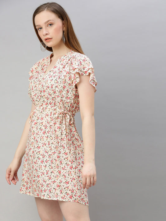 Off-White & Pink Printed Fit and Flare Dress with Flutter Sleeves