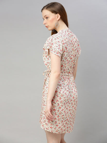 Off-White & Pink Printed Fit and Flare Dress with Flutter Sleeves
