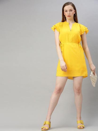 Yellow Solid Ruffle Sleeve Fit and Flare Dress