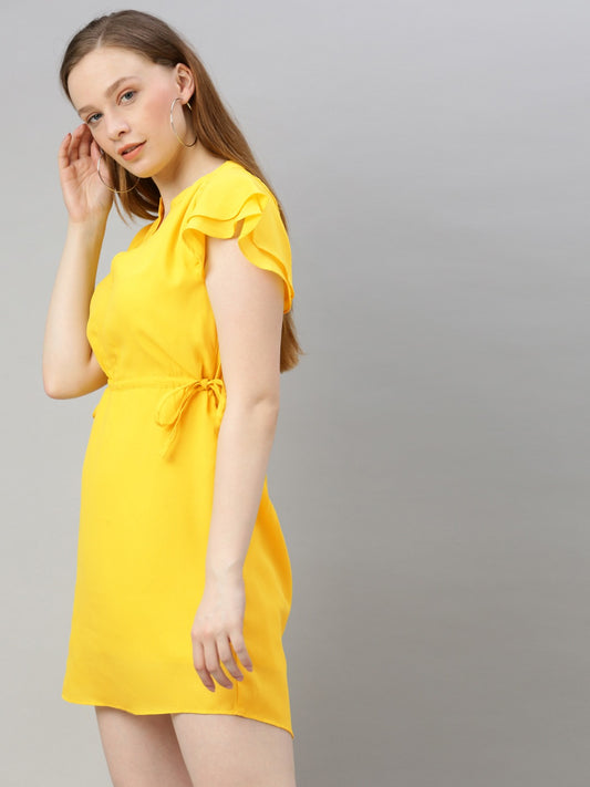 Yellow Solid Ruffle Sleeve Fit and Flare Dress